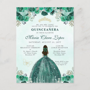 Emerald Green Gold Floral Princess Quinceañera Briefkaart