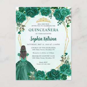 Emerald Green Gold Floral Princess Quinceañera Briefkaart