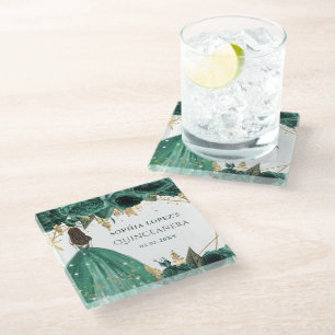 Emerald Green Gold Floral Princess Quinceanera Glazen Onderzetter