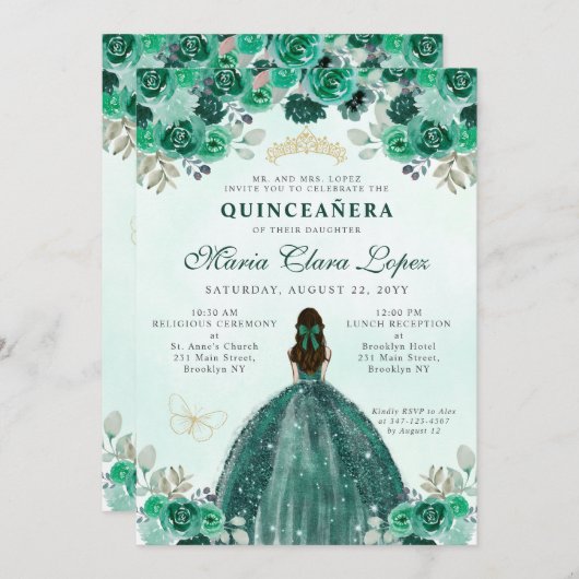 Emerald Green Gold Floral Princess Quinceañera Kaart (Voorkant / Achterkant)