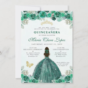 Emerald Green Gold Floral Princess Quinceañera Kaart