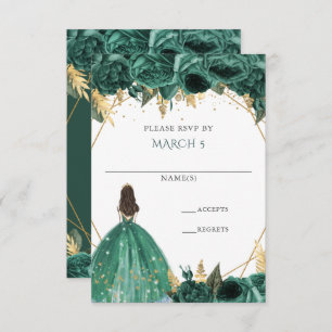 Emerald Green Gold Floral Princess Quinceanera RSVP Kaartje