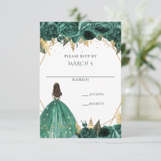 Emerald Green Gold Floral Princess Quinceanera RSVP Kaartje (Staand voorkant)