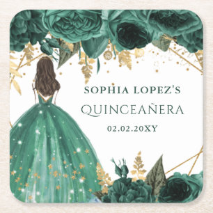 Emerald Green Gold Floral Princess Quinceanera Vierkante Kartonnen Onderzetter