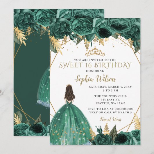 Emerald Green Gold Floral Princess SWEET 16 Kaart (Voorkant / Achterkant)
