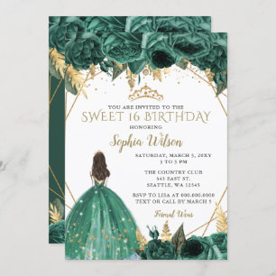 Emerald Green Gold Floral Princess SWEET 16 Kaart