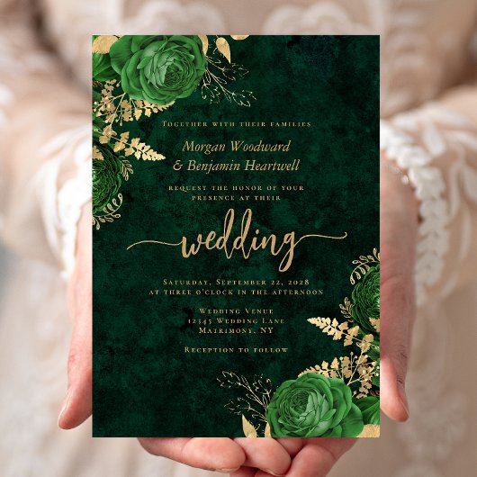Emerald Green Gold Floral Wedding Kaart