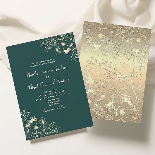Emerald Green Gold Floral Wedding Kaart