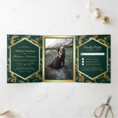 Emerald Green Gold Flourish Swirl Wedding Photo Drieluik Uitnodiging (Binnen)