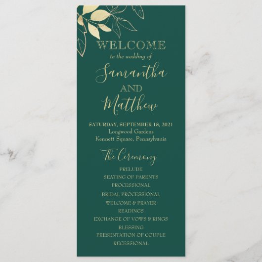 Emerald Green & Gold Foliage Botanical Wedding Programma (Voorkant)