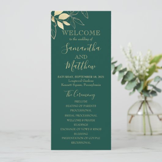 Emerald Green & Gold Foliage Botanical Wedding Programma (Staand voorkant)
