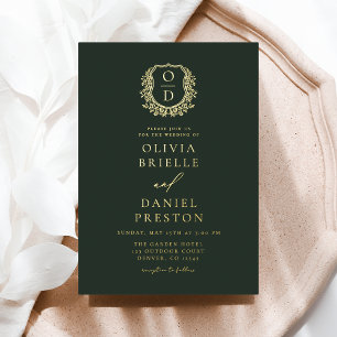 Emerald Green Gold Folie Crest Monogram Huwelijk Uitnodiging