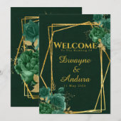 Emerald Green & Gold Geometric Floral Wedding Kaart (Voorkant / Achterkant)