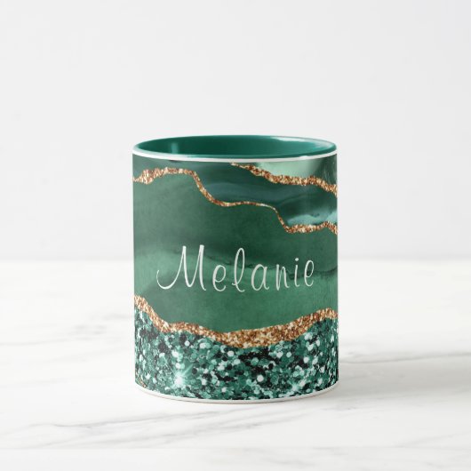 Emerald Green Gold Glitter Marmer Aangepaste Naam  Mok (Midden)