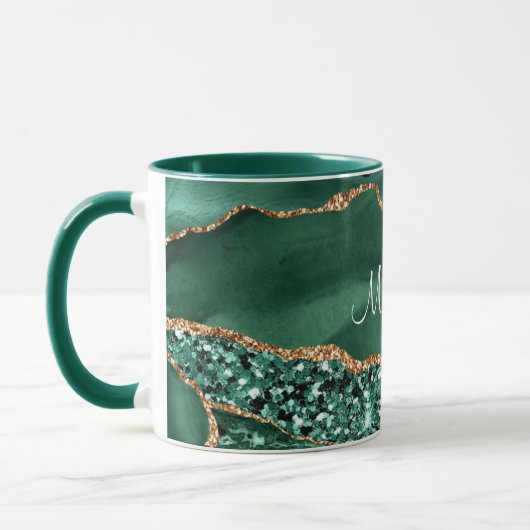 Emerald Green Gold Glitter Marmer Aangepaste Naam  Mok (Links)