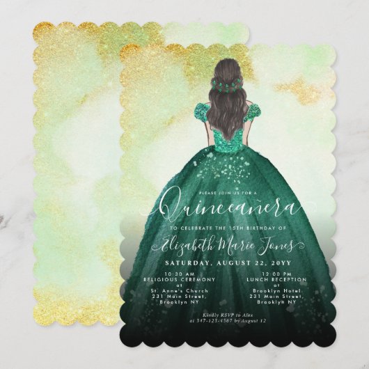 Emerald Green Gold Glitter Princess Quinceañera Kaart (Voorkant / Achterkant)