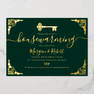 Emerald Green Gold Key Housewarming Party Folie Uitnodiging