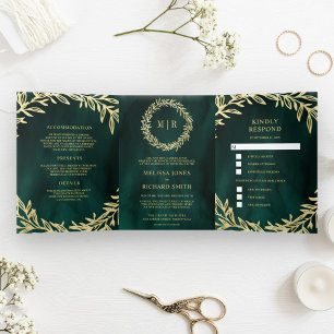 Emerald Green Gold Leaf Branch All-in-One Wedding Drieluik Uitnodiging