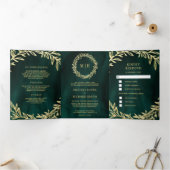Emerald Green Gold Leaf Branch All-in-One Wedding Drieluik Uitnodiging (Binnen)