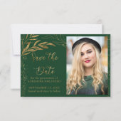 Emerald Green Gold Leaf en Calligraphy Photo Save The Date (Voorkant)