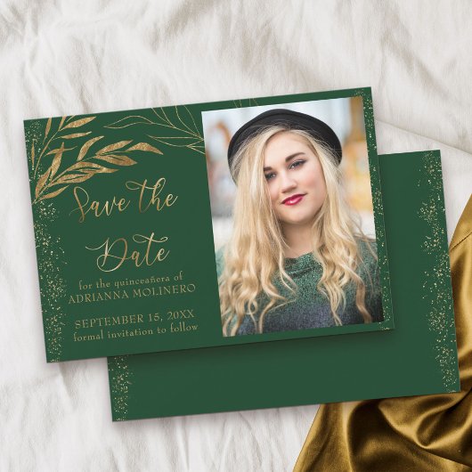 Emerald Green Gold Leaf en Calligraphy Photo Save The Date