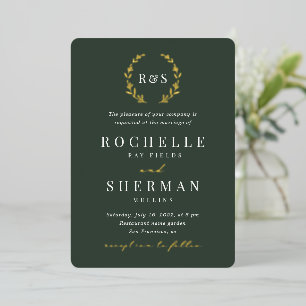 Emerald Green Gold Leaf Simple Monogram Weddenscha Folie Uitnodiging