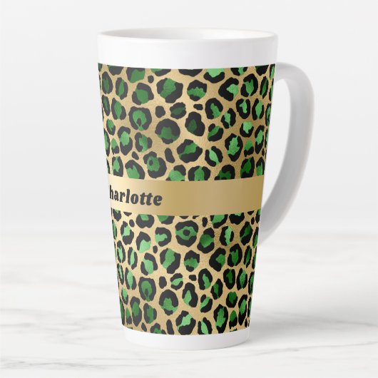 Emerald green gold leopard cheetah patroonnaam latte mok (Rechterhoek)