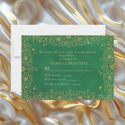 Emerald Green Gold Line Art Floral Quinceañera RSVP Kaartje