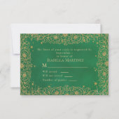 Emerald Green Gold Line Art Floral Quinceañera RSVP Kaartje (Voorkant)