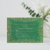 Emerald Green Gold Line Art Floral Quinceañera RSVP Kaartje (Staand voorkant)