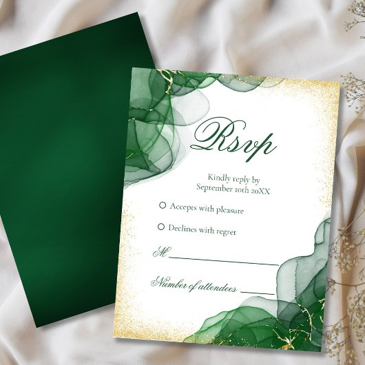 Emerald Green Gold Marble White Wedding RSVP Card