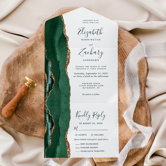 Emerald Green Gold Meal Options Wedding All In One Uitnodiging