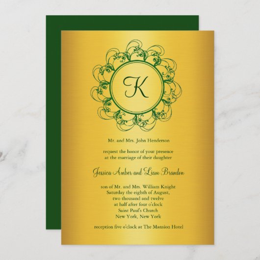Emerald Green & Gold Monogram Faire-part de mariag (Devant / Derrière)