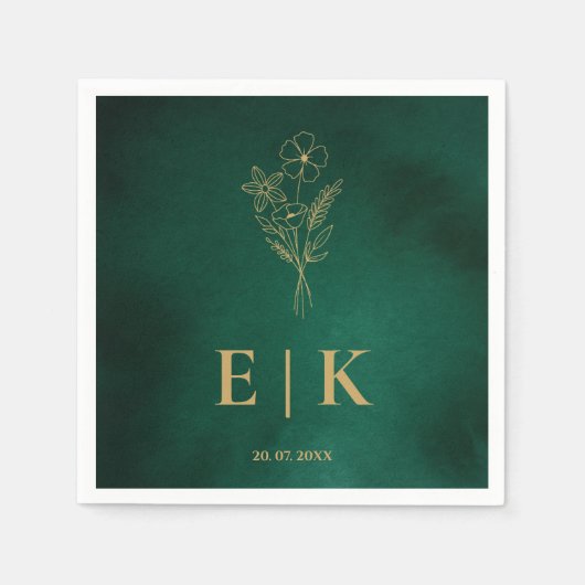 Emerald Green & Gold Monogram Wildflower Wedding Servet (Voorkant)