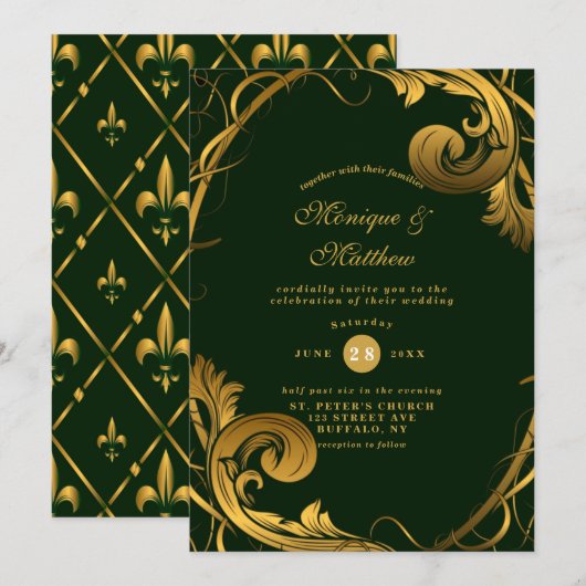 Emerald Green Gold Ornament Wedding Invitations Kaart (Voorkant / Achterkant)