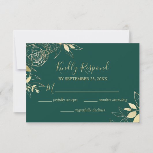 Emerald Green & Gold Peony Modern Floral Wedding RSVP Kaartje (Voorkant)