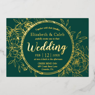 Emerald Green & Gold Peony Modern Toile Wedding Folie Uitnodiging