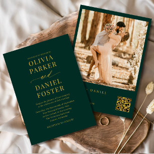 Emerald Green Gold QR Code Foto Elegant Huwelijk Kaart