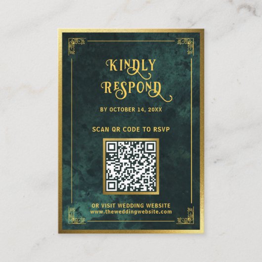 Emerald Green Gold QR Code RSVP Weddenschap Websit Informatiekaartje (Voorkant)