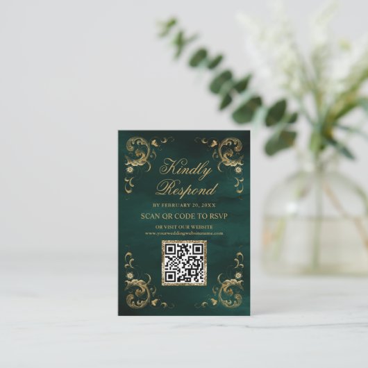 Emerald Green Gold QR Code RSVP Weddenschap Websit Informatiekaartje (Staand voorkant)