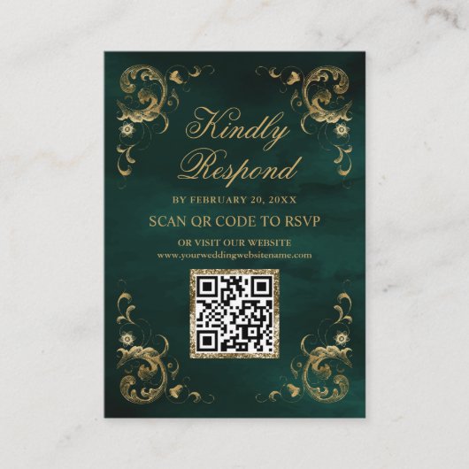 Emerald Green Gold QR Code RSVP Weddenschap Websit Informatiekaartje (Voorkant)