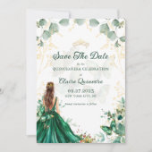 Emerald Green Gold Quinceanera Bewaar de datum Aankondiging (Voorkant)