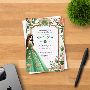 Emerald Green Gold Quinceanera Kleedbloemen Acryl Uitnodigingen