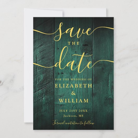 Emerald Green Gold Rustieke Schuur Hout Fotobruilo Save The Date (Voorkant)