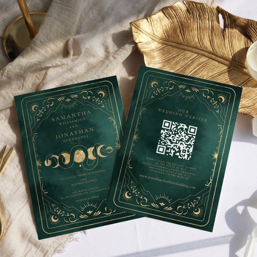 Emerald Green Gold Tarot Celestial QR Code Wedding Kaart