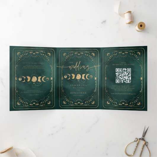 Emerald Green & Gold Tarot Hemelse Huwelijk Drieluik Uitnodiging (Binnen)