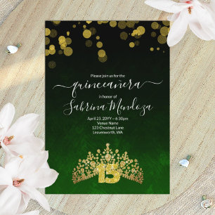 Emerald Green, Gold Tiara Quinceanera Invitation