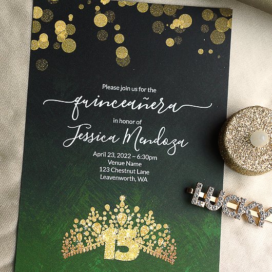 Emerald Green, Gold Tiara Quinceanera Kaart