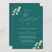 Emerald Green & Gold Watercolor Faire-part de mari (Devant / Derrière)