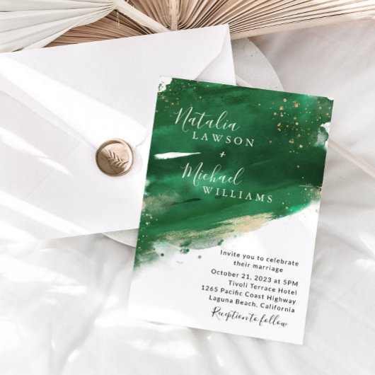 Emerald Green & Gold Waterverf Wedding Invitation Kaart